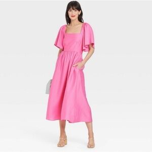 A New Day Pink Flutter Sleeve Midi Dress